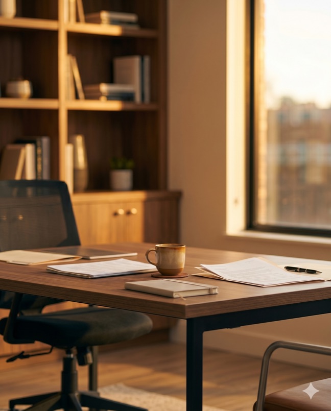 Vertrauensvolle Beratungsatmosphäre – Büro mit Unterlagen, Kaffee und warmem Licht für persönliche Kreditberatung mit negativer Schufa